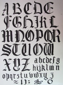 Sample black letter alphabet showing broad down strokes. Flourishes are added last.